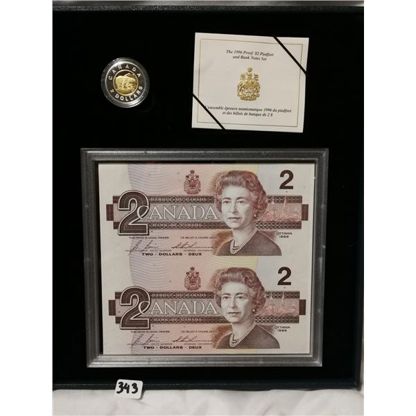 25G sterling loonie, 2 uncut $2 bills first and last set