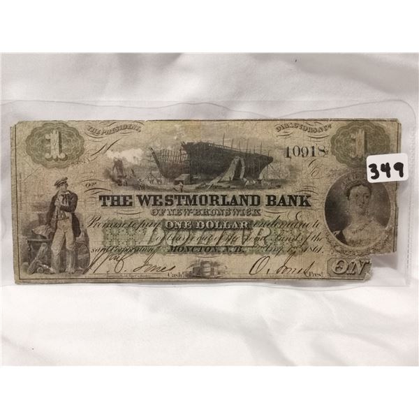 1861 $1 Westmorland Bank,N.B, Charter Bank Note