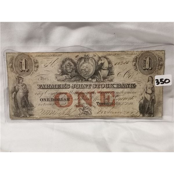 Rare $1 1849 Farmers Joint Stock, Charter Bank Note