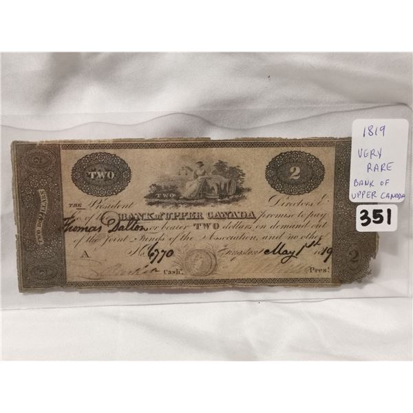 Rare 1819 $2 Upper Canada, Charter Bank Note