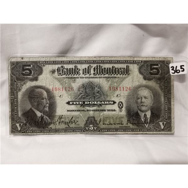 Large 1923 $5 Bank of Montreal, Charter Bank Note