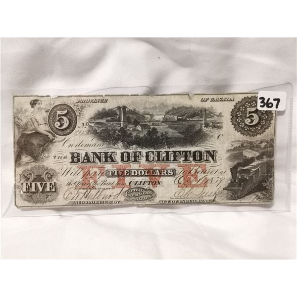1859 $5 Bank of Clifton, Charter Bank Note
