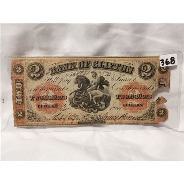 1861 $2 Bank of Clifton, Chater Bank Note