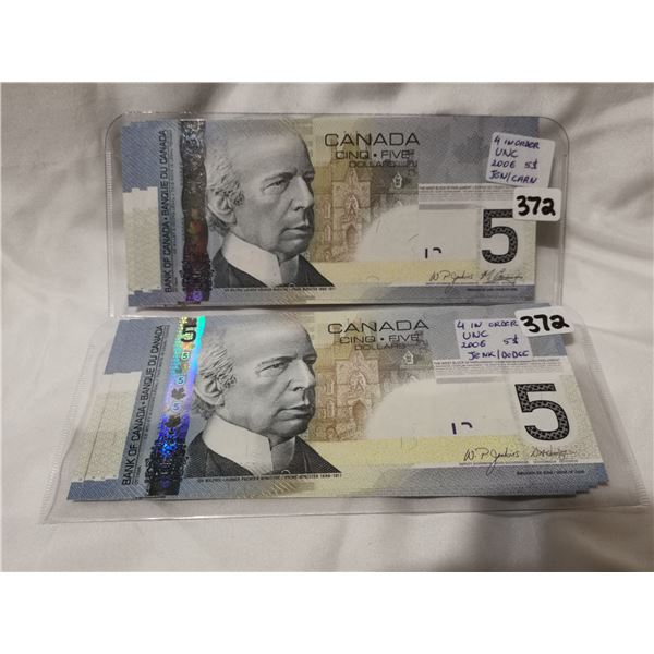 2 sets of 4 in order 2006 $5 Bills, 2 different signatures