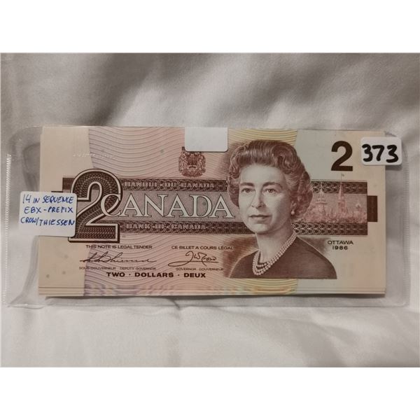 1986 $2 bills, 14 in sequence, EBX prefix