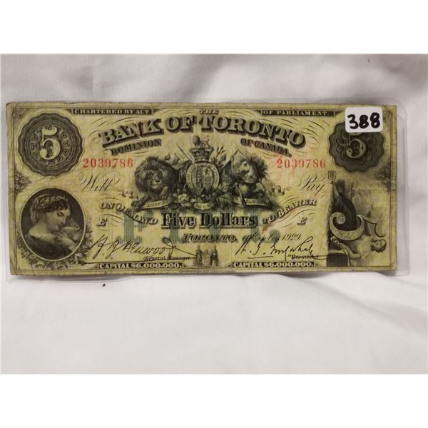 Large 1929 $5 Toronto Bank Charter Bank Note