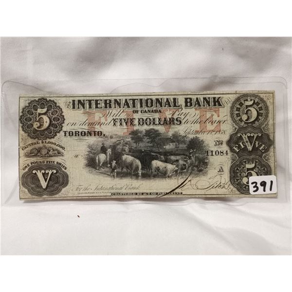 1858 $5 International Bank Charter Bank Note