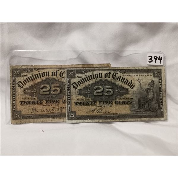 Two 1900 25cent Shinplasters, 2 different signature