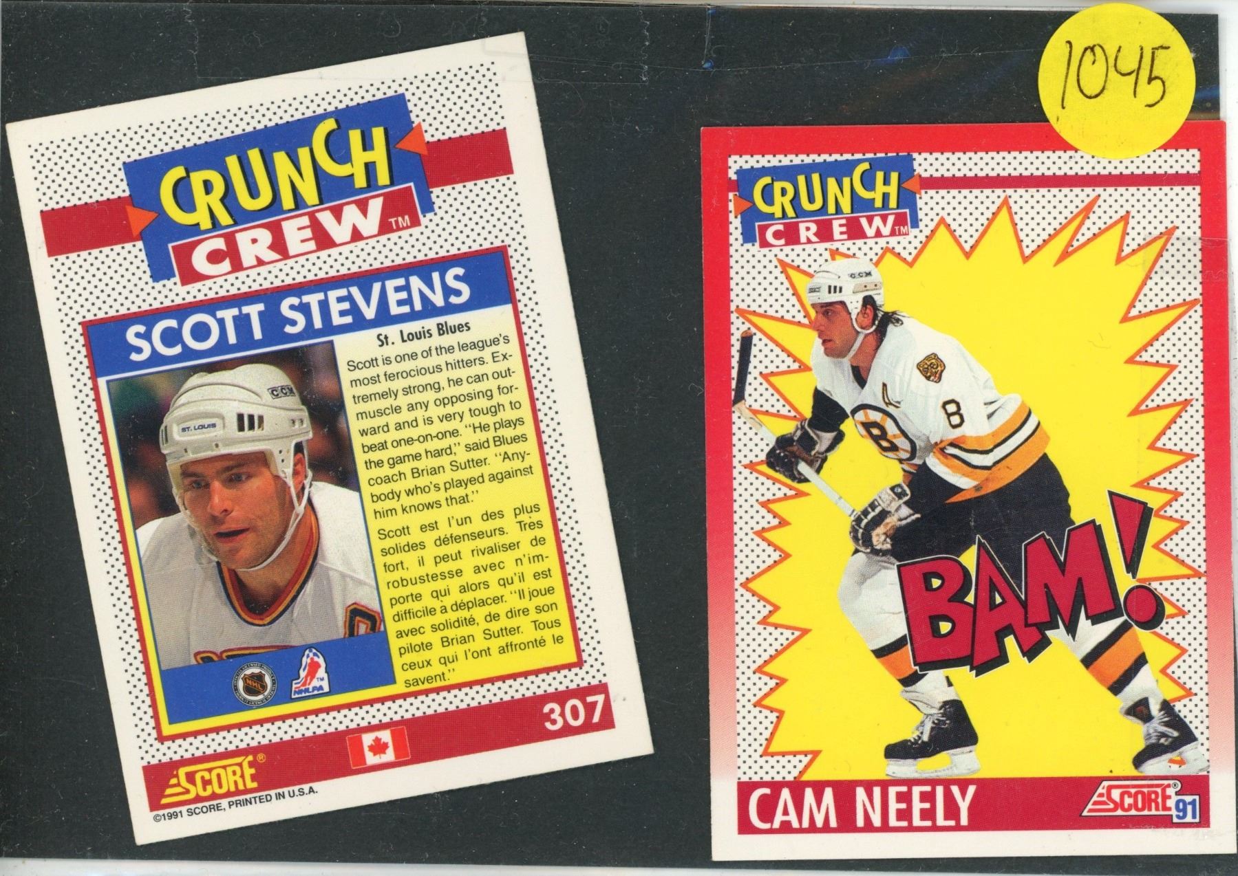 Two Score 91 Crunch Crew Hockey Cards Scott Stevens & Cam Neely