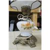 Image 4 : Large Floral White Glass Oil Lamp Converted to Electric