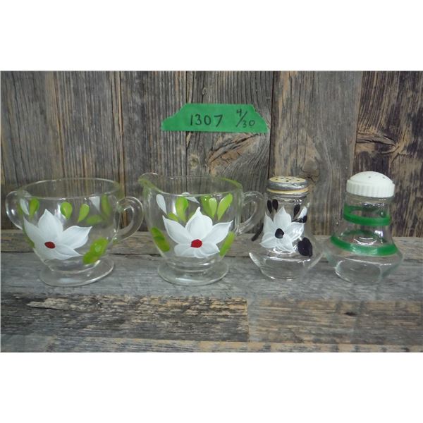 Vintage painted cream & sugar, salt & pepper shakers etc