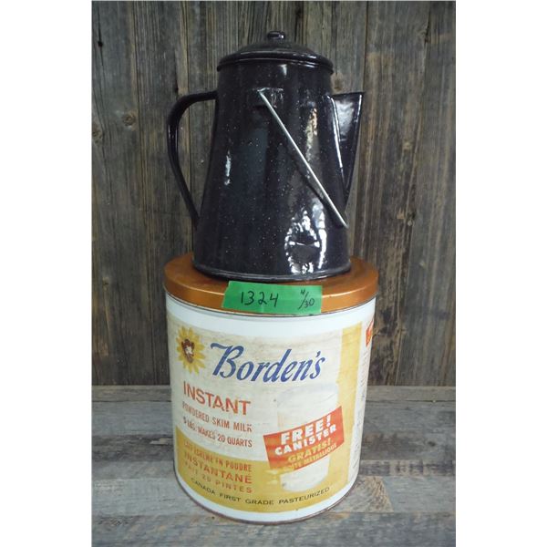 Enamelware pot and skim milk can