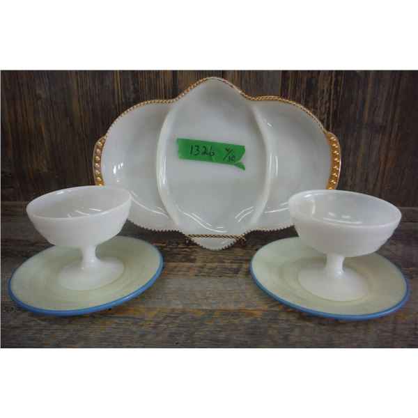milk glass divided serving dish and 2 sherbert dishes