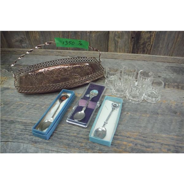 collector spoons, shot glasses and serving tray