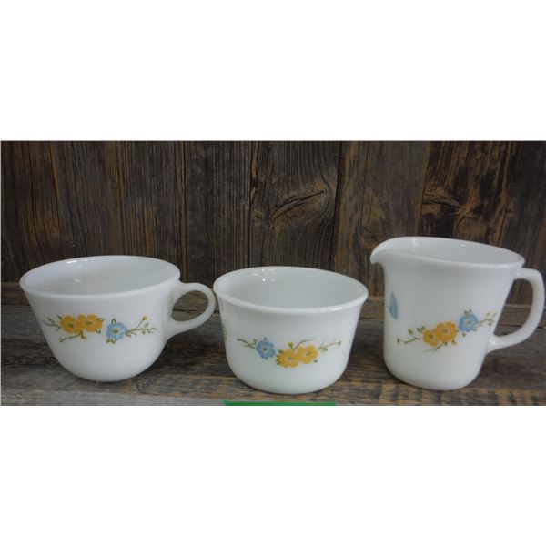 3 piece cream/sugar/cup yellow & blue flower pattern