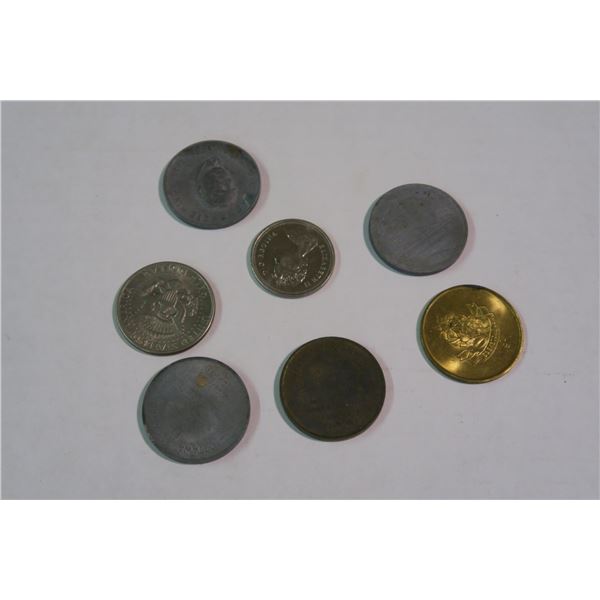 US Half-Dollar 1973 Kennedy, 1978 CAD 50¢, 4 Parliament Tokens, 1 Sask Token