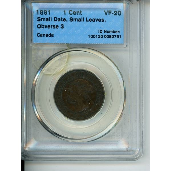 1891 1 cent cccs vf-20