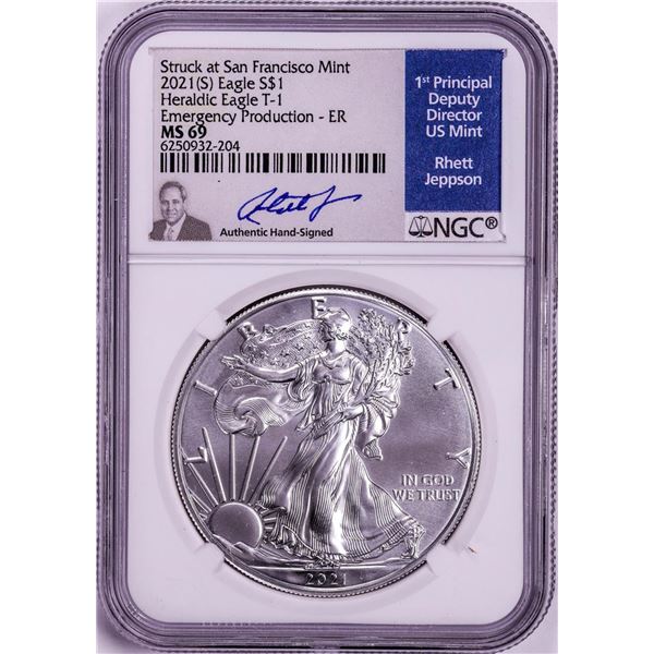 2021(S) Ty. 1 $1 American Silver Eagle Coin NGC MS69 Jeppson Signed Emergency Release