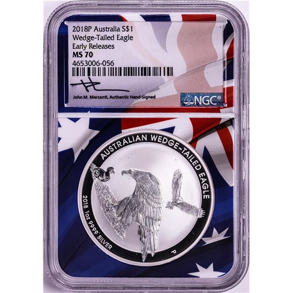 2018-P $1 Australia Wedge Tailed Eagle Silver Coin NGC MS70 Early Releases Mercanti Signature