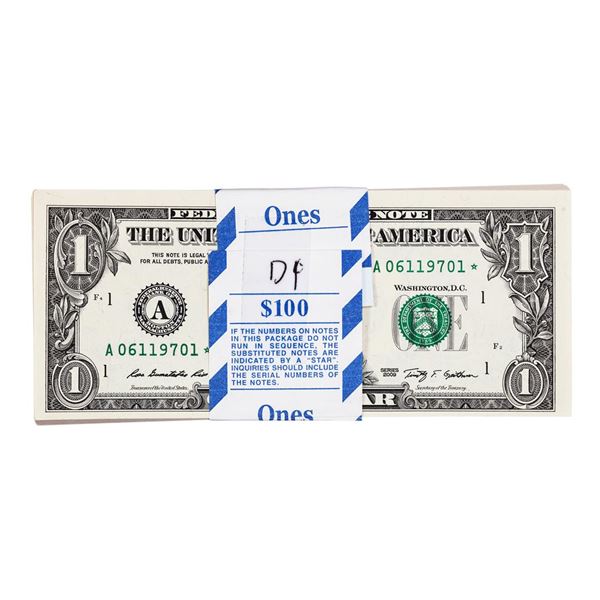 Pack of (100) Consecutive 2009 $1 Federal Reserve STAR Notes Boston