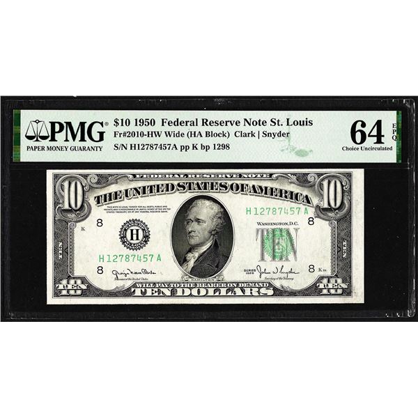 1950 $10 Federal Reserve Note St. Louis Fr.2010-HW PMG Choice Uncirculated 64EPQ