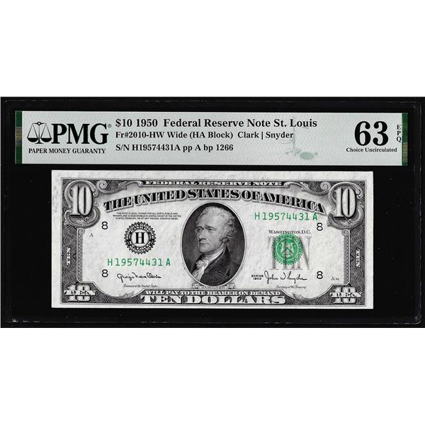 1950 $10 Federal Reserve Note St. Louis Fr.2010-HW Wide PMG Choice Uncirculated 63EPQ