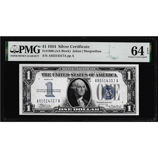 1934 $1 Funnyback Silver Certificate Note Fr.1606 PMG Choice Uncirculated 64EPQ