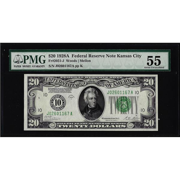 1928A $20 Federal Reserve Note Kansas City Fr.2051-J PMG About Uncirculated 55