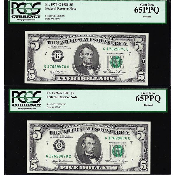 Lot of (2) 1981 $5 Federal Reserve Note Fr.1976-G PCGS Gem New 65PPQ
