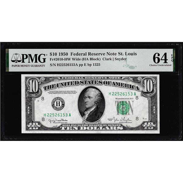 1950 $10 Federal Reserve Note St. Louis Fr.2010-HW PMG Choice Uncirculated 64EPQ