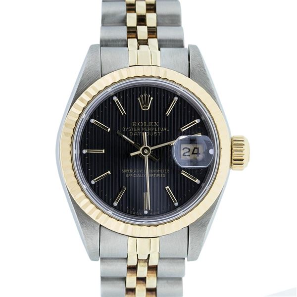 Rolex Ladies Two Tone Black Tapestry Fluted Bezel Datejust Wristwatch