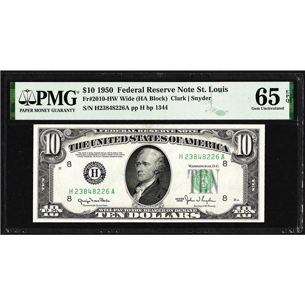 1950 $10 Federal Reserve Note St. Louis Fr.2010-HW PMG Gem Uncirculated 65EPQ