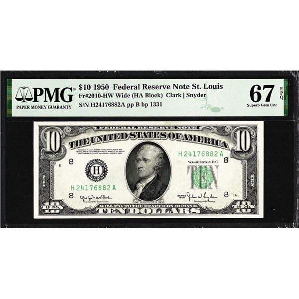1950 $10 Federal Reserve Note St. Louis Fr.2010-HW PMG Superb Gem Uncirculated 67EPQ