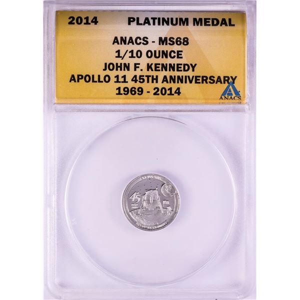 2014 Proof 1/10 oz Platinum JFK Apollo 11 Anniversary Medal ANACS MS68