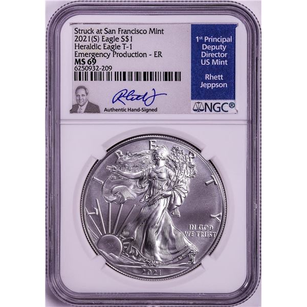 2021(S) Ty. 1 $1 American Silver Eagle Coin NGC MS69 Jeppson Signed Emergency Release