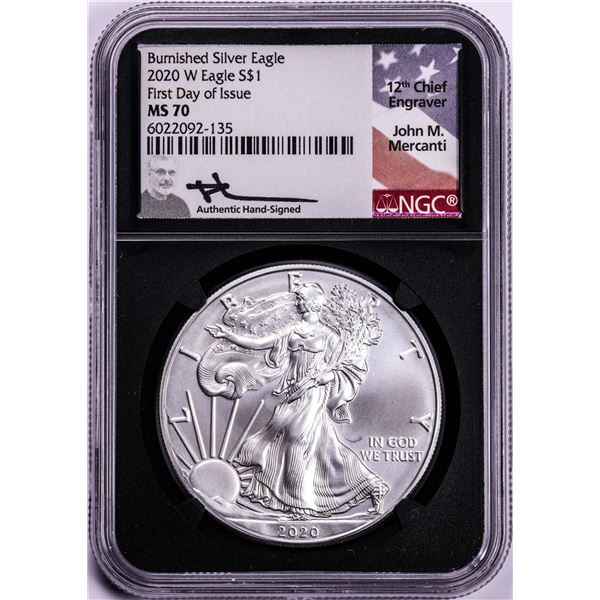2020-W $1 Burnished American Silver Eagle Coin NGC MS70 Mercanti Signature