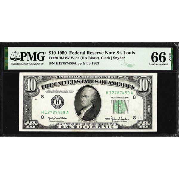 1950 $10 Federal Reserve Note St. Louis Fr.2010-HW Wide PMG Gem Uncirculated 66EPQ