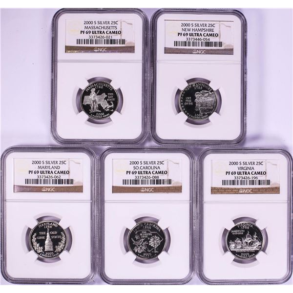 Set of (5) 2000-S Silver Proof State Quarter Coins NGC PF69 Ultra Cameo