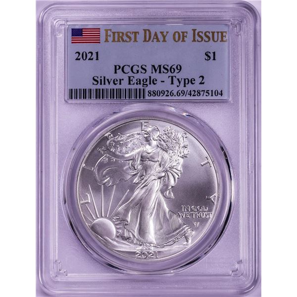 2021 Type 2 $1 American Silver Eagle Coin PCGS MS69 First Day of Issue