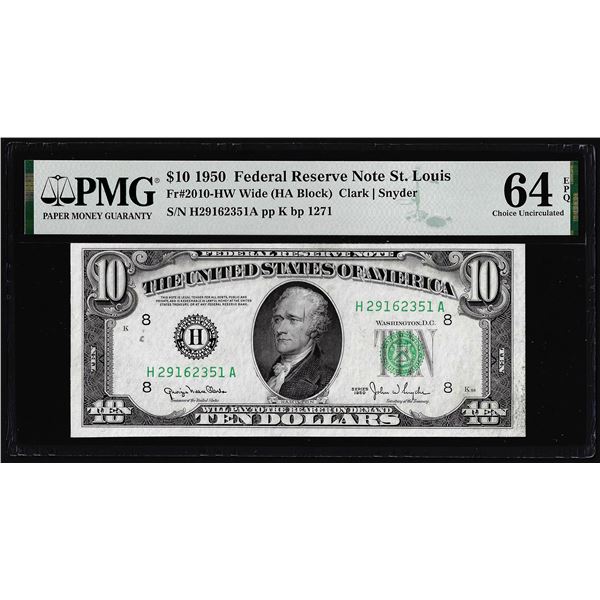 1950 $10 Federal Reserve Note St. Louis Fr.2010-HW PMG Choice Uncirculated 64EPQ