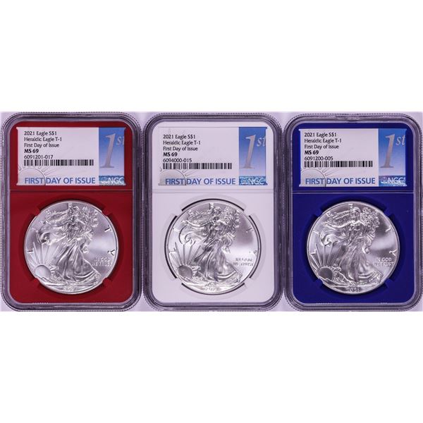 Lot of 2021 Type 1 $1 American Silver Eagle Coins NGC MS69 FDOI Red/White/Blue Core