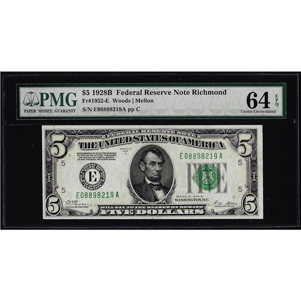 1928B $5 Federal Reserve Note Richmond Fr.1952-E PMG Choice Uncirculated 64EPQ