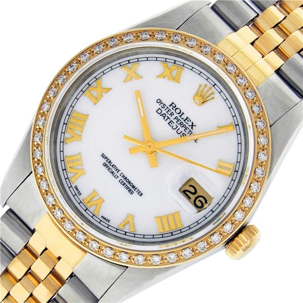 Rolex Men's Two Tone White Roman Datejust Wristwatch