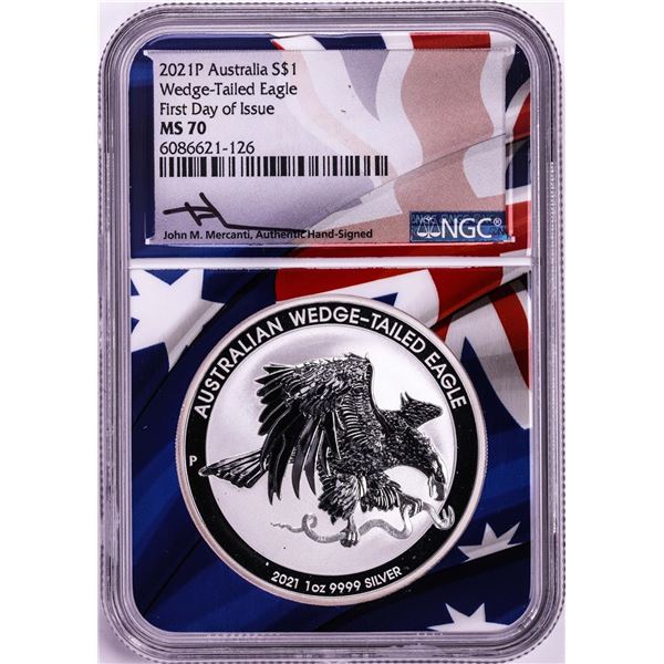 2021-P $1 Australia Wedge Tailed Eagle Silver Coin NGC MS70 FDOI Mercanti Signature