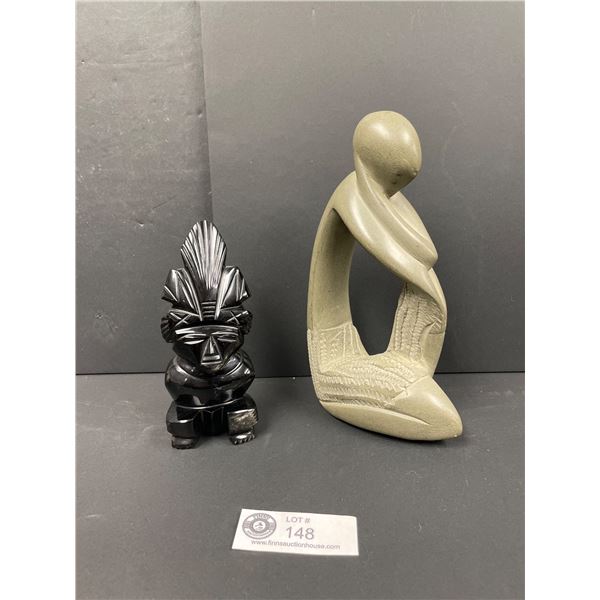 Two Carved Sculptures - Soapstone Thinking Man 8.5" Tall and Black Onyx