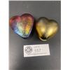 Image 1 : Lot of 2 Robert Held Iridescent Glass Heart Paperweight - Flat Cranberry Signed RHAG - Puffy Heart U