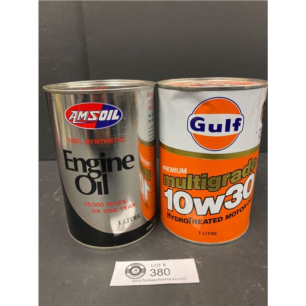 Lot of 2 Collectible Tins - Gulf Multigrade 10W30 Motor Oil 1 Litre - Full and Amsoil Engine Oil 1 L