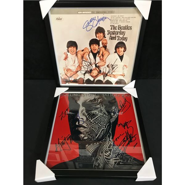 FRAMED BEATLES AND ROLLING STONES RECORD COVER (FACSIMILE AUTOGRAPHS)