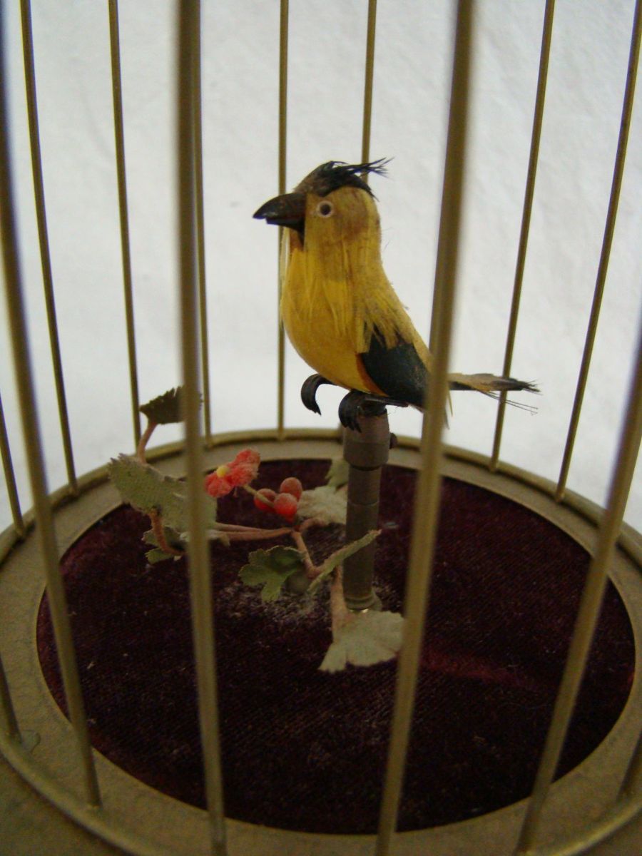 Antique Wind Up Bird in Birdcage