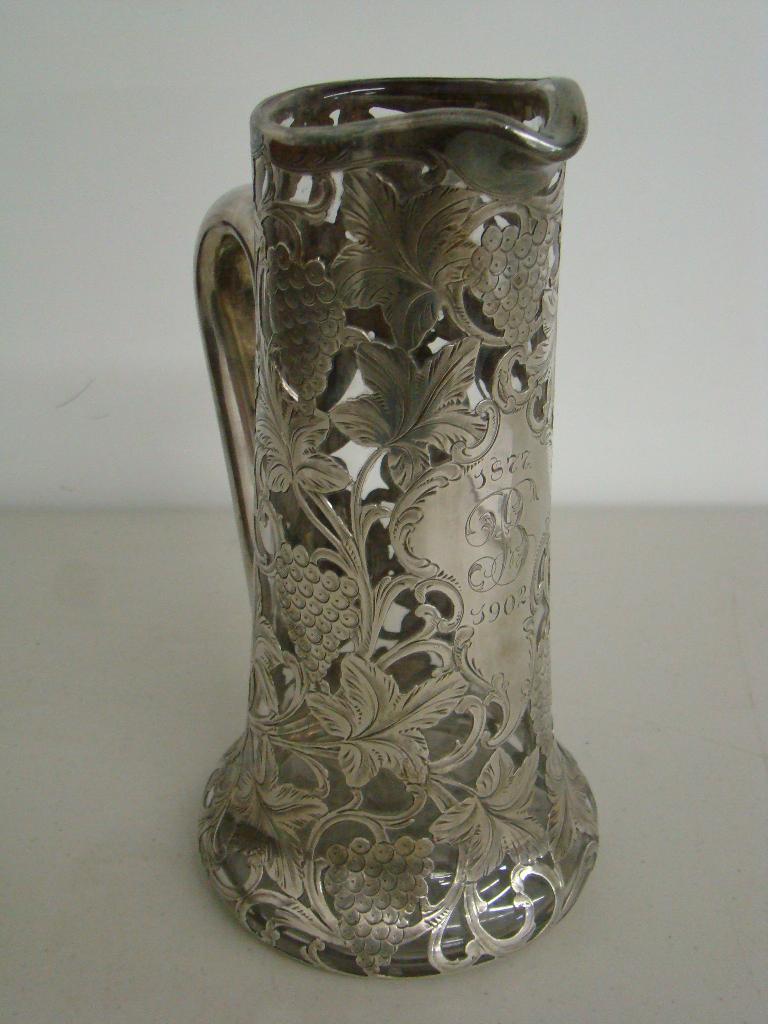 Grape Pattern Silver Overlay Crystal Pitcher